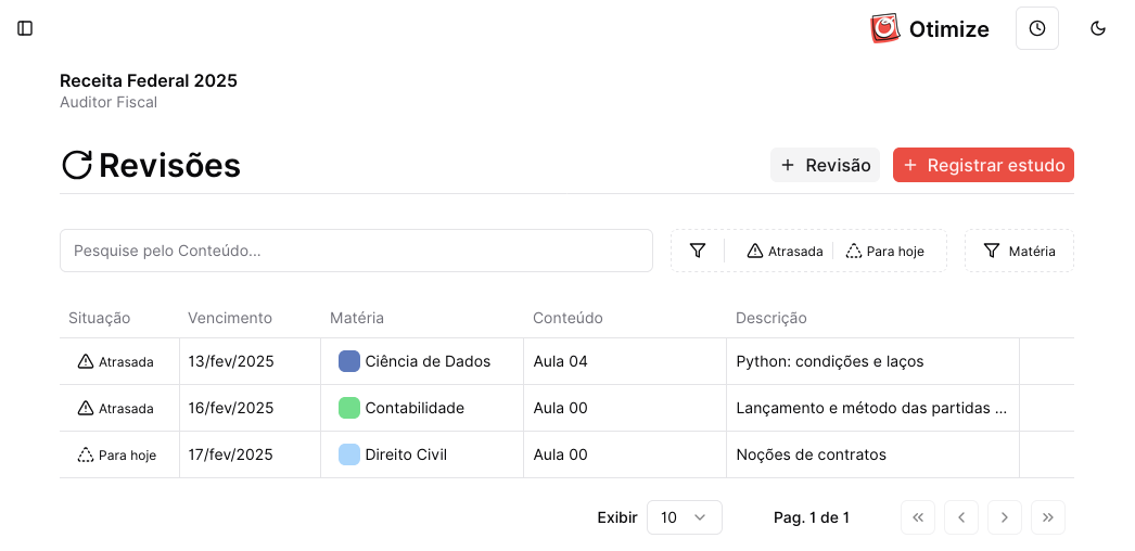 Lembrete de revisões na visão geral do plano