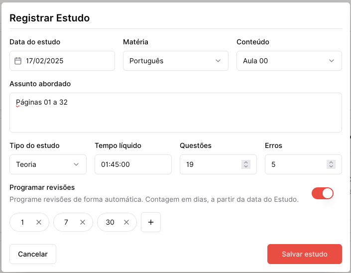 Formulário para cadastro de Acão de Estudo no Otimize