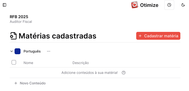 Tabela de conteúdos ainda vazia para a matéria Português